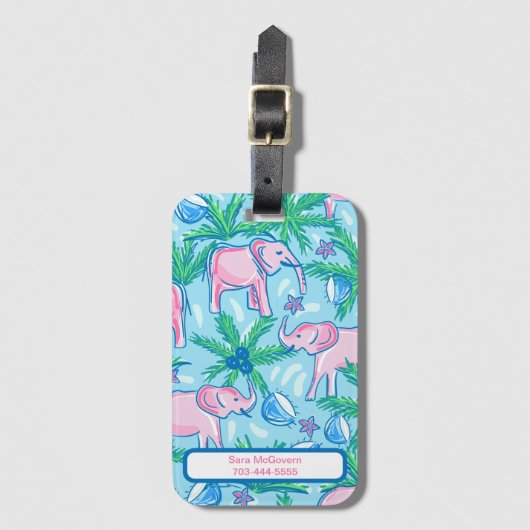 Blauwe roze groene preppy olifant bagagelabel (Voorkant (verticaal))