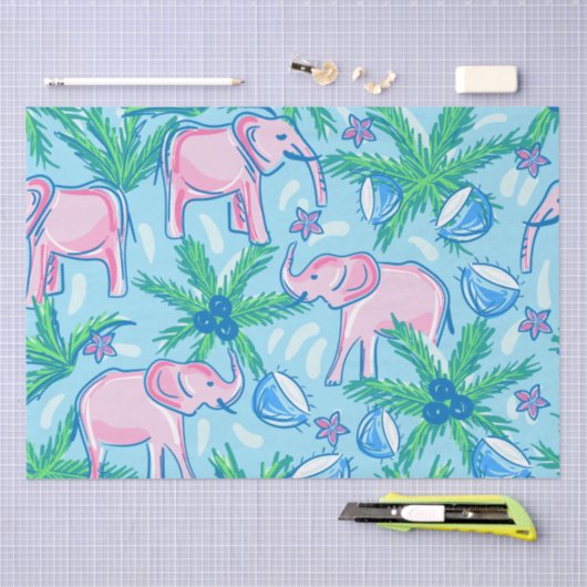 Blauwe roze groene preppy olifant tissuepapier (Craft)