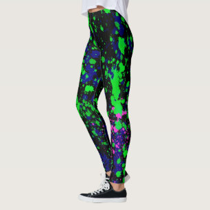 Blauwe roze groene Spletters van de Verf op Zwarte Leggings