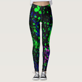 Blauwe roze groene Spletters van de Verf op Zwarte Leggings
