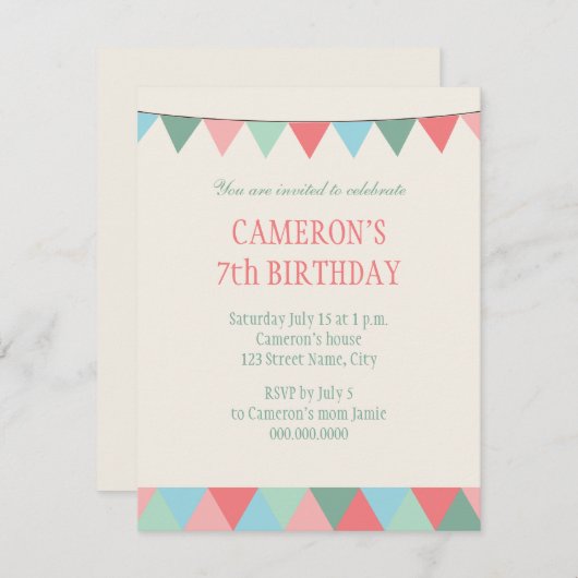 Blauwe roze groene string Pennon Kids Birthday Kaart (Voorkant / Achterkant)