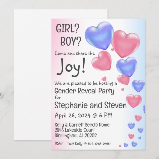 Blauwe & Roze Hartballonnen Geslacht onthullen Kaart (Voorkant / Achterkant)