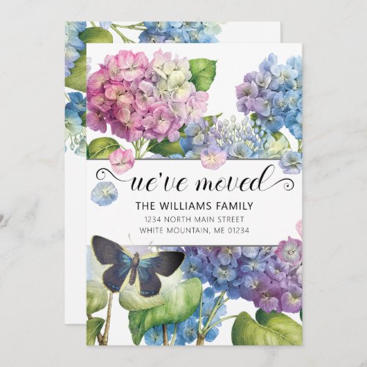 blauwe roze hydrangea Floral Butterfly Moving Aankondiging (Voorkant / Achterkant)