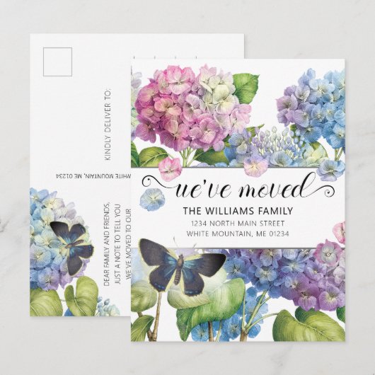 blauwe roze hydrangea Floral Butterfly Moving Aankondigingskaart (Voorkant / Achterkant)