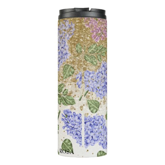 *~* Blauwe roze HYDRANGEA Gold Glitter Floral Thermosbeker (Achterkant)