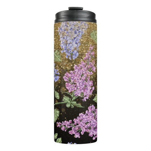 *~* Blauwe roze HYDRANGEA Gold Glitter Floral Thermosbeker (Voorkant)