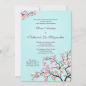 Blauwe roze kersen bloesems bruiloft kaart (Voorkant)