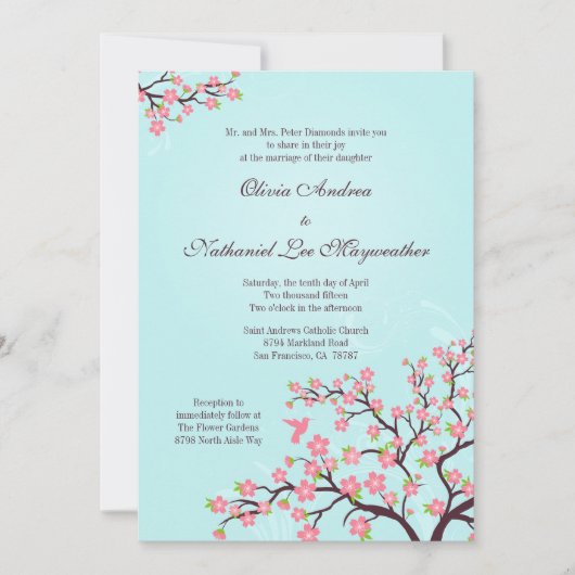 Blauwe roze kersen bloesems bruiloft kaart (Voorkant)