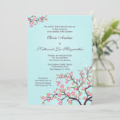Blauwe roze kersen bloesems bruiloft kaart (Staand voorkant)