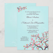 Blauwe roze kersen bloesems bruiloft kaart (Voorkant / Achterkant)