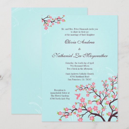 Blauwe roze kersen bloesems bruiloft kaart (Voorkant / Achterkant)