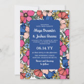 Blauwe roze koraalbloemen zomerbruiloft kaart (Voorkant)