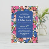 Blauwe roze koraalbloemen zomerbruiloft kaart (Staand voorkant)