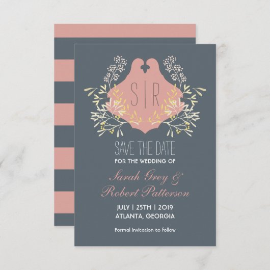 Blauwe roze langwerpige bruiloft slaat de datum o save the date (Voorkant / Achterkant)