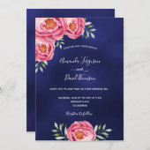 Blauwe, roze marinebloem, groen huwelijk kaart (Voorkant / Achterkant)