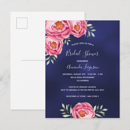 Blauwe roze mariniers Bridal Shower-uitnodiging Briefkaart (Voorkant / Achterkant)