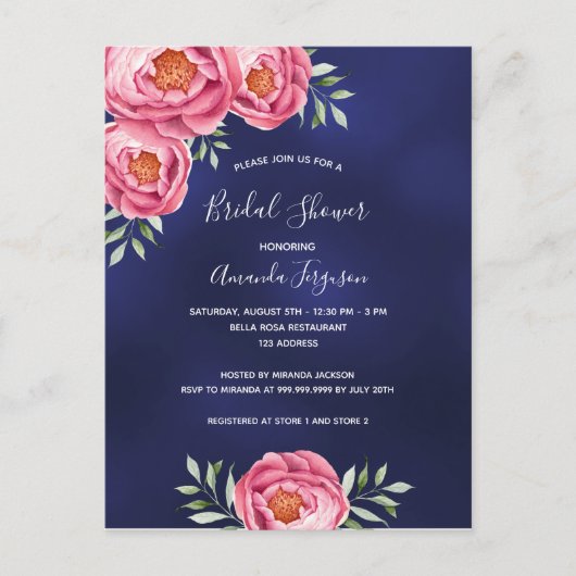 Blauwe roze mariniers Bridal Shower-uitnodiging Briefkaart (Voorkant)