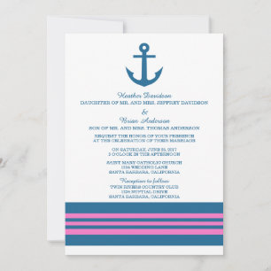 Blauwe roze Nautical Anchor Wedding Invite Kaart