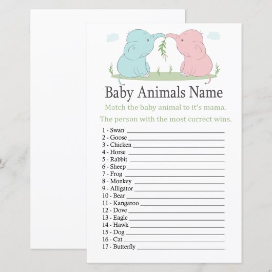 Blauwe Roze Olifant Baby Dieren Naam Spel (Voorkant / Achterkant)