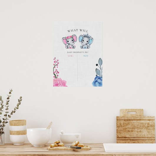 Blauwe & Roze Olifant Geslacht onthullen Stembord Poster (Keuken)
