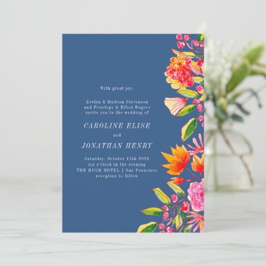 Blauwe roze Oranje Waterverf Floral Formal Wedding Kaart (Staand voorkant)