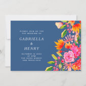 Blauwe roze Oranje Waterverf Floral Simple Wedding Kaart (Voorkant)
