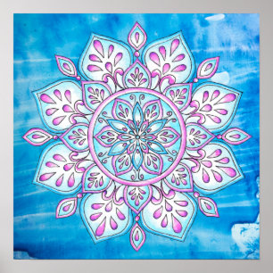 Blauwe roze Paarse betoverde Waterverf Mandala Poster