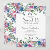 Blauwe roze Paarse Floral Sweet 16 Birthday Party Kaart (Voorkant / Achterkant)