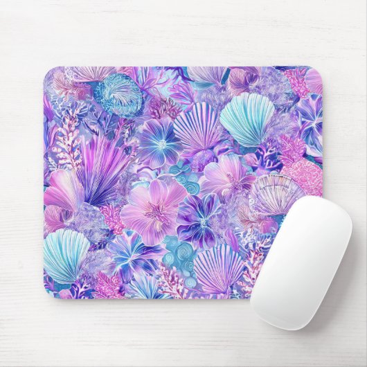 BLAUWE ROZE PAARSE ONDERZEESE PLANTEN & SCHELPEN MUISMAT (Met muis)