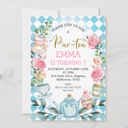 Blauwe roze par-tea Tea Party Birthday Invitation Kaart (Voorkant)