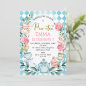 Blauwe roze par-tea Tea Party Birthday Invitation Kaart (Staand voorkant)