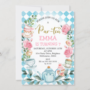 Blauwe roze par-tea Tea Party Birthday Invitation Kaart