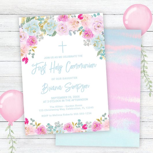 Blauwe Roze Perzik Paarse Bloemen Eerste Heilige C Kaart