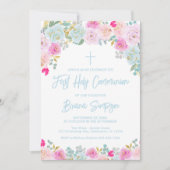 Blauwe Roze Perzik Paarse Bloemen Eerste Heilige C Kaart (Voorkant)