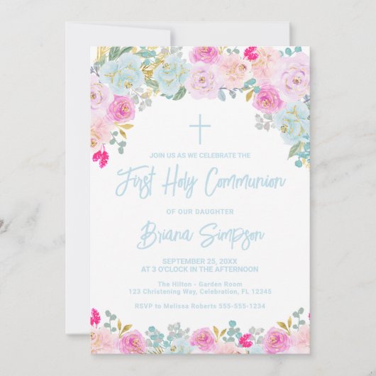 Blauwe Roze Perzik Paarse Bloemen Eerste Heilige C Kaart (Voorkant)