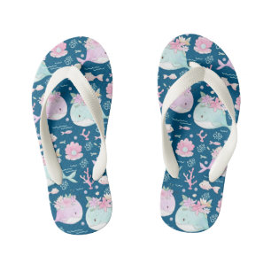 Blauwe roze platte walvissen kinder teenslippers