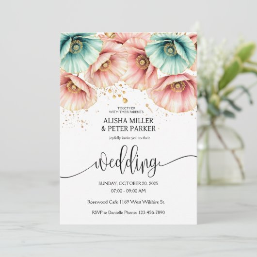 Blauwe & Roze Poppy Waterverf Uitnodiging (Staand voorkant)