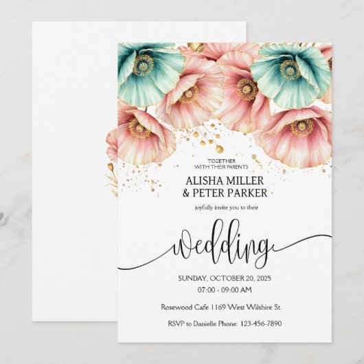 Blauwe & Roze Poppy Waterverf Uitnodiging (Voorkant / Achterkant)