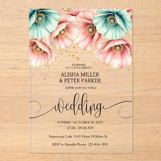 Blauwe & Roze Poppy Waterverf Uitnodiging (Voorkant)