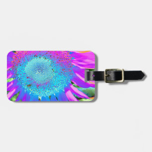 Blauwe roze retro funky sunflower foto bagagelabel
