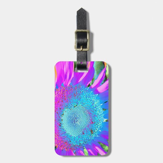Blauwe roze retro funky sunflower foto bagagelabel (Voorkant verticaal)