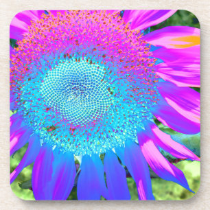 Blauwe roze retro funky sunflower foto bier onderzetter