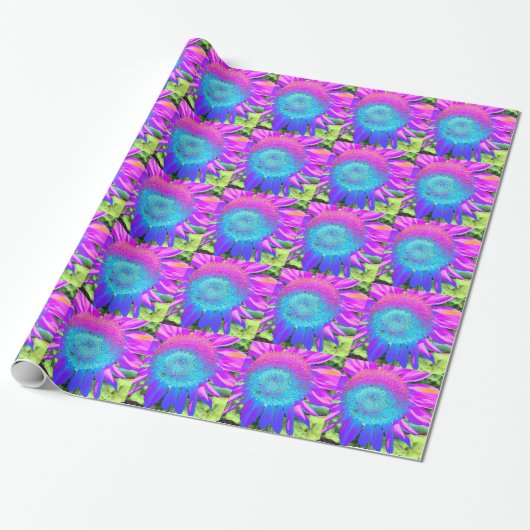 Blauwe roze retro funky sunflower foto cadeaupapier (Uitgerold)