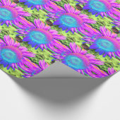 Blauwe roze retro funky sunflower foto cadeaupapier (Hoek)