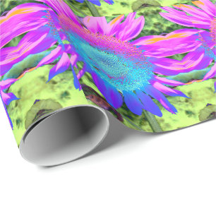 Blauwe roze retro funky sunflower foto cadeaupapier