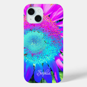 Blauwe roze retro funky sunflower foto iPhone 15 case