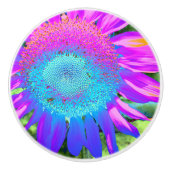 Blauwe roze retro funky sunflower foto keramische knop (Voorkant)