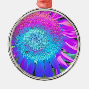 Blauwe roze retro funky sunflower foto metalen ornament