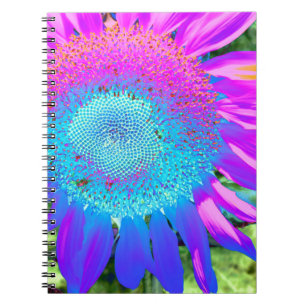 Blauwe roze retro funky sunflower foto notitieboek