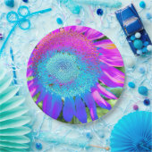 Blauwe roze retro funky sunflower foto papieren bordje (Feest)